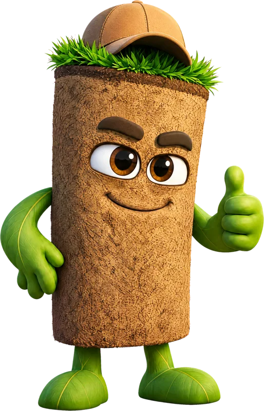 The Sod Squad mascot, a roll of sod giving a thumbs up